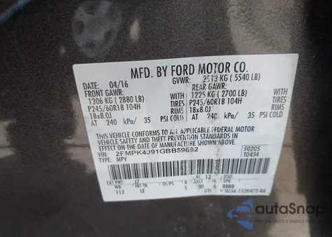 2016 Ford Edge Sel z USA, uszkodzony, nr VIN 2FMPK4J91GBB59692